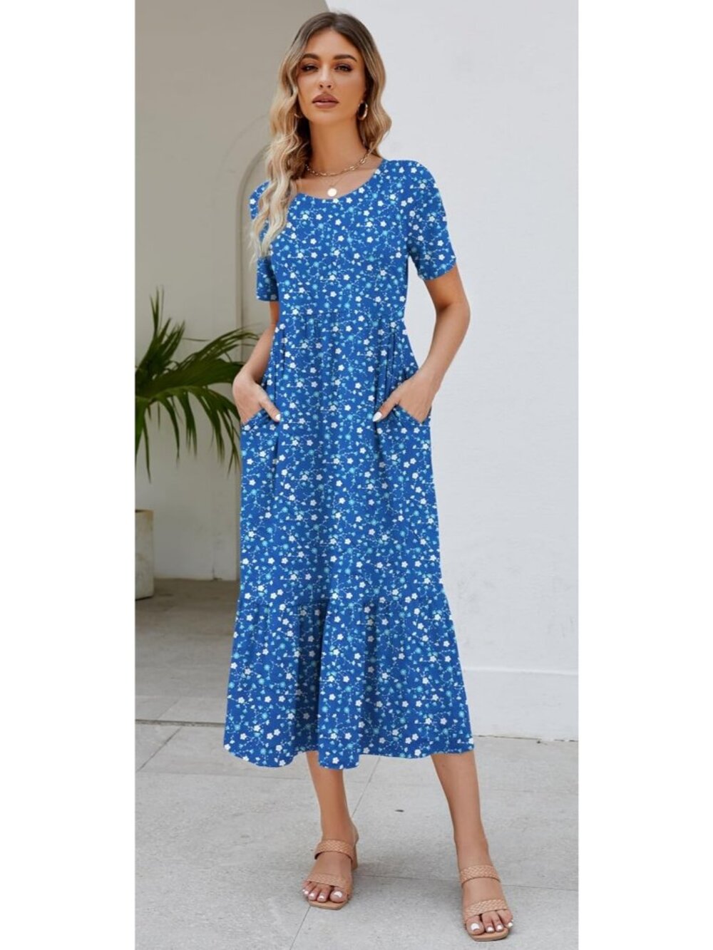 Women's Print Navy  Sundress Short Sleeve Tiered Beach with Pockets Maxi Dress - Picture 2 of 5
